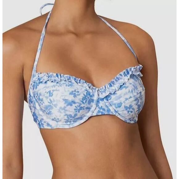 $184 Shoshanna Women's Blue Ruffled Underwire Floral Bikini Top Swimwear Size C - Picture 1 of 7